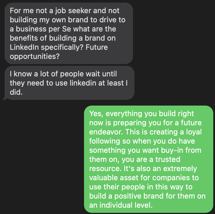 Who is LinkedIn personal brand building for? Question via text message screenshot