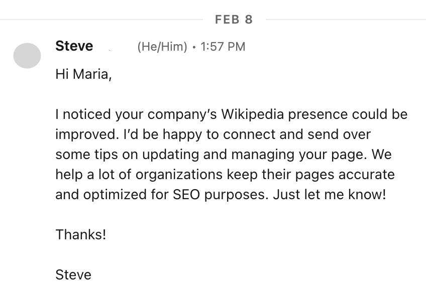 LinkedIn spam message 1 steve feb 8 screenshot