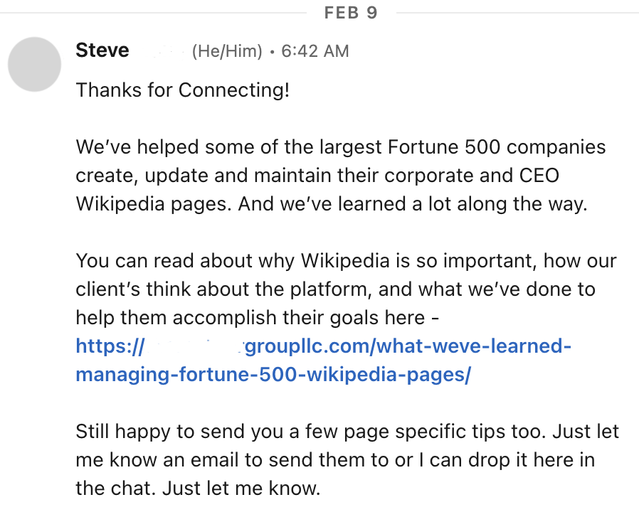 LinkedIn spam message 2 steve feb 9 screenshot