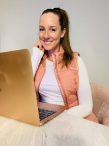 Maria Healey WFH remote work setup rose gold Apple MacBook Air