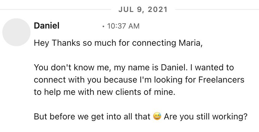 daniel freelancers message linkedin screenshot