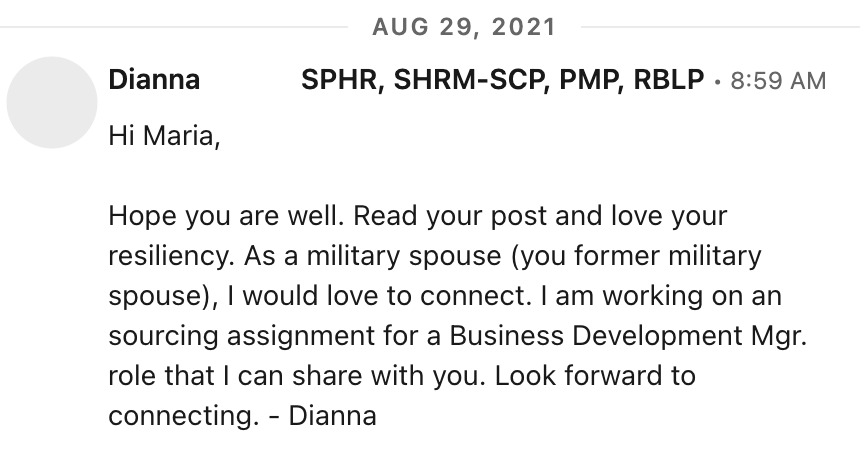 dianna military message linkedin screenshot