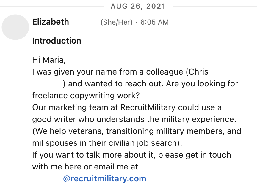 elizabeth introduction recruitmilitary message linkedin screenshot