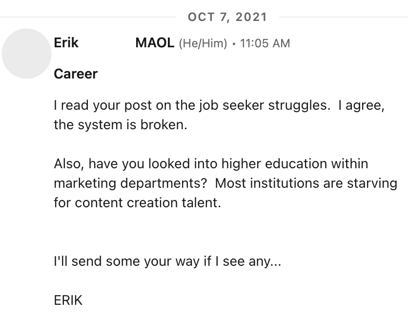erik career message linkedin screenshot