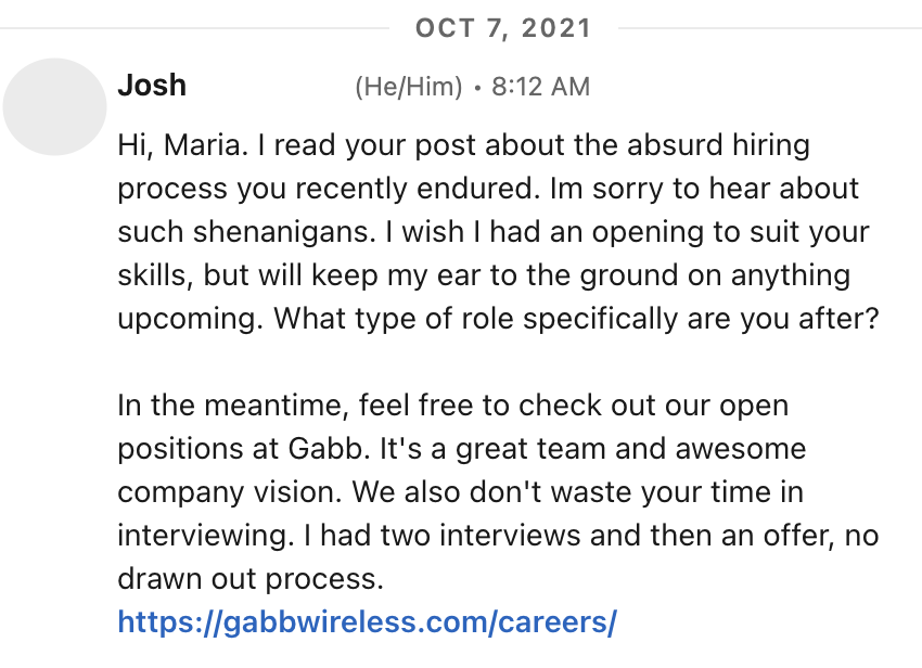 josh gabb wireless hiring message linkedin screenshot