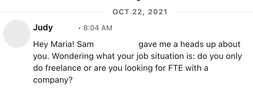 judy freelance fte work message linkedin screenshot