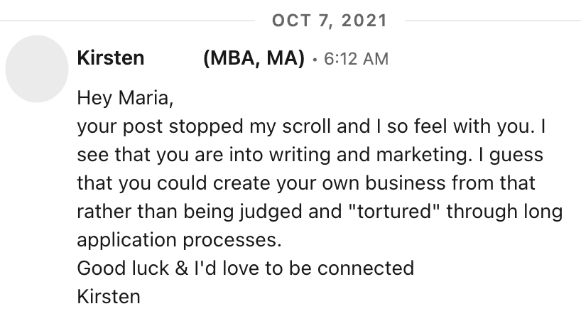 kirsten application process message linkedin screenshot