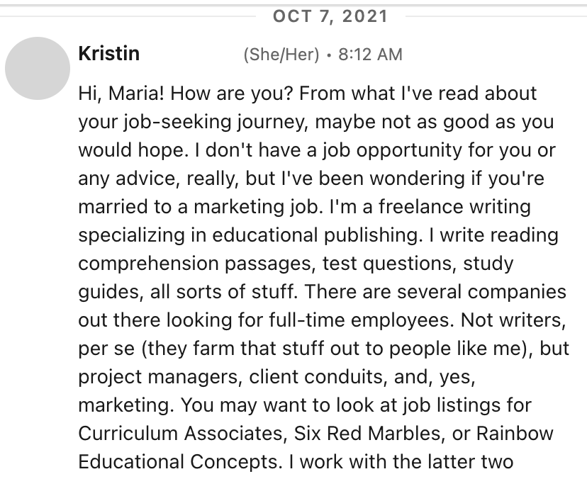 kristin freelance writing message linkedin screenshot