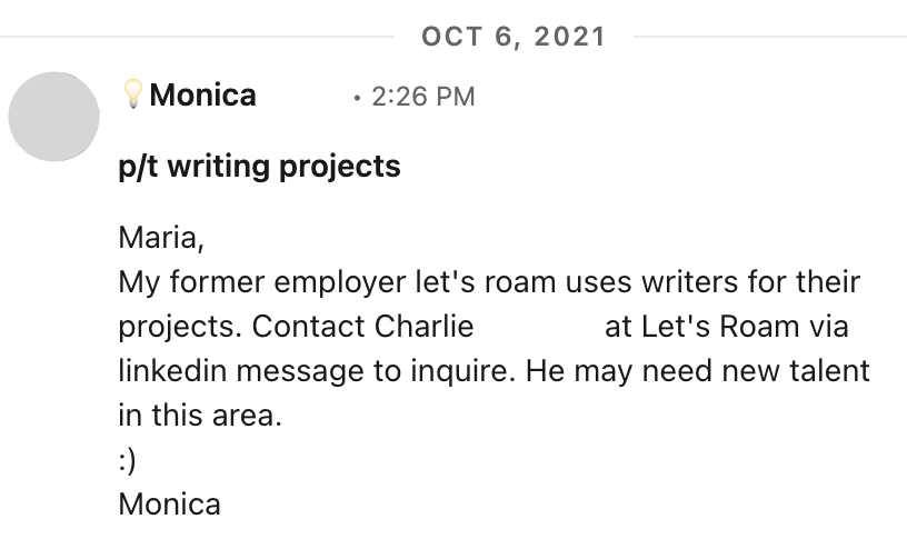 monica pt writing projects message linkedin screenshot