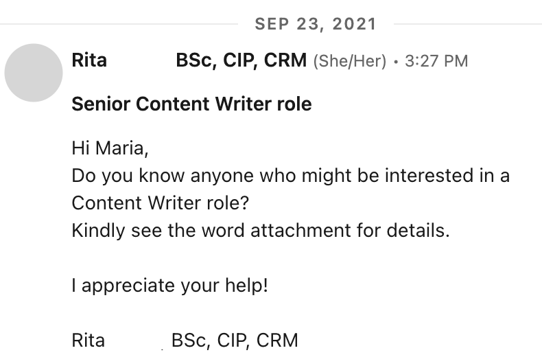 rita senior content writer role message linkedin screenshot